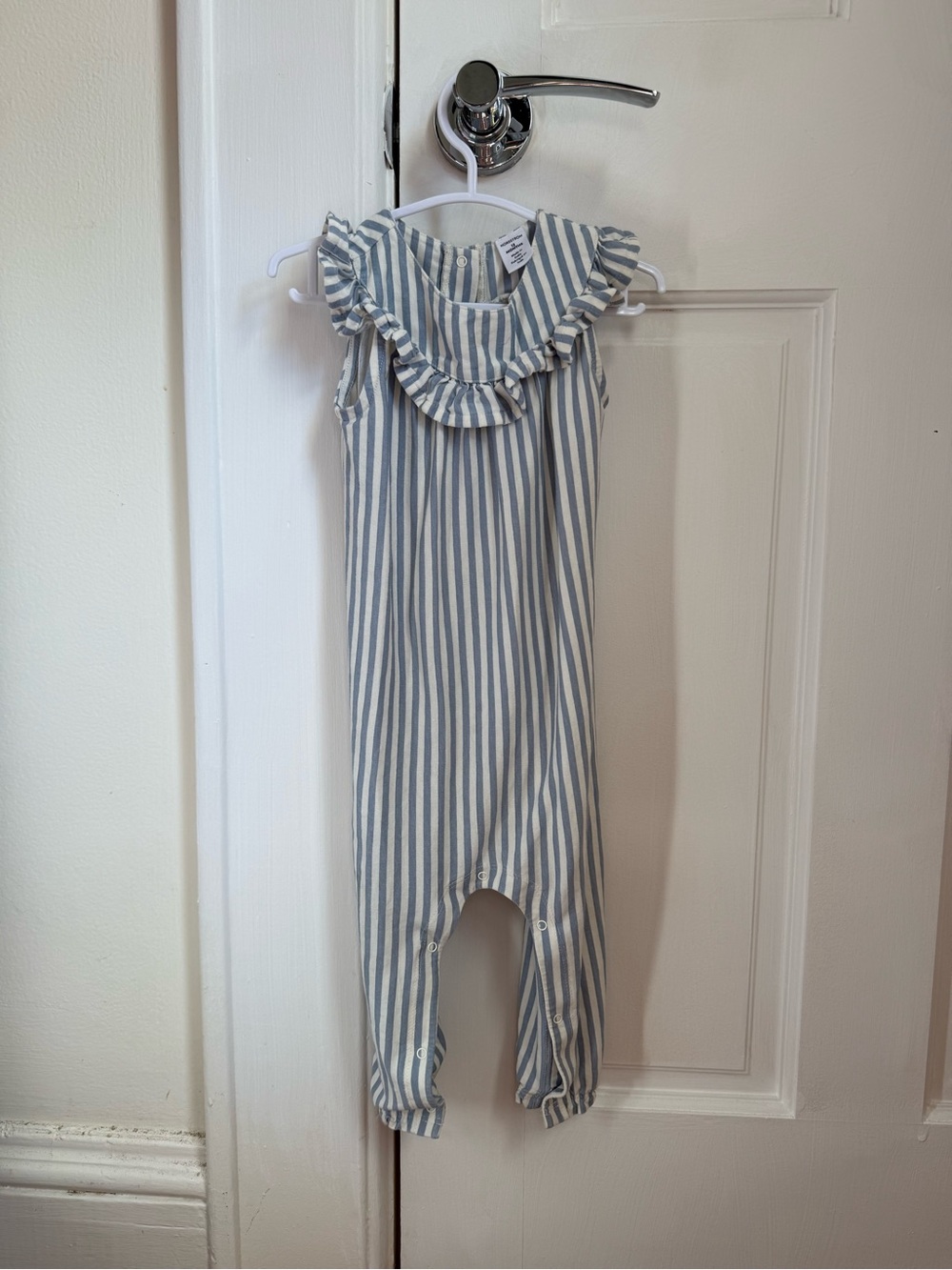 Nordstrom Blue & White Striped Ruffle Neck Romper - 12 Months